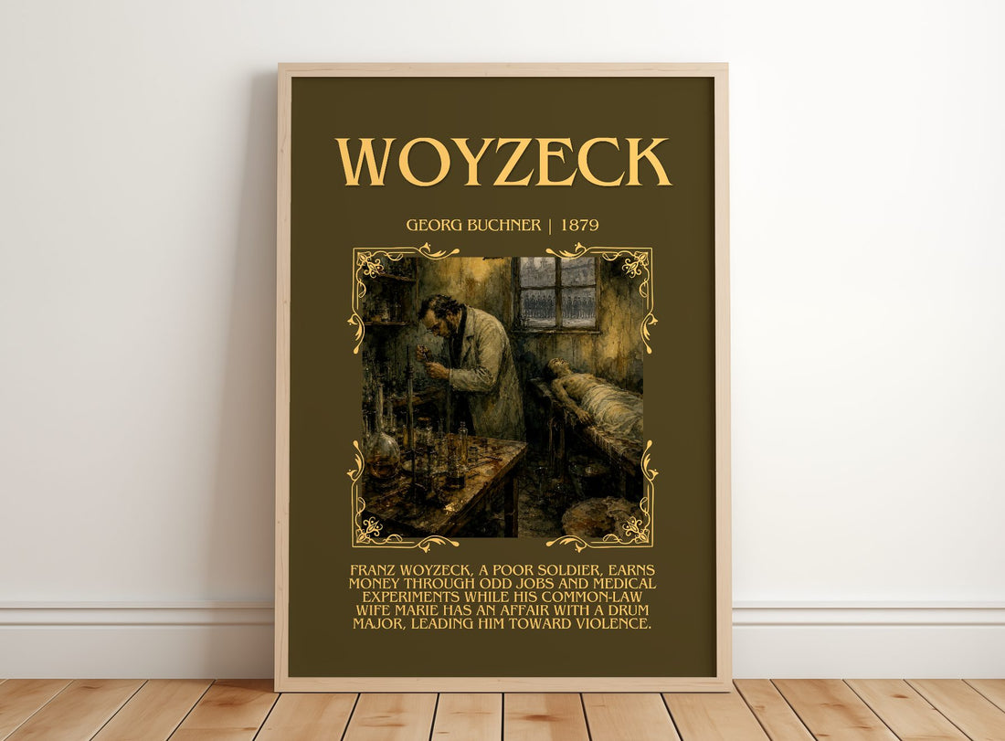 Woyzeck Minimalist Book Poster by Georg Buchner – framed print leaning on a wooden floor