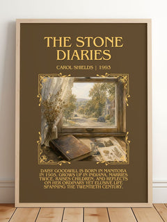 The Stone Diaries Minimalist Book Poster by Carol Shields – framed print leaning on a wooden floor