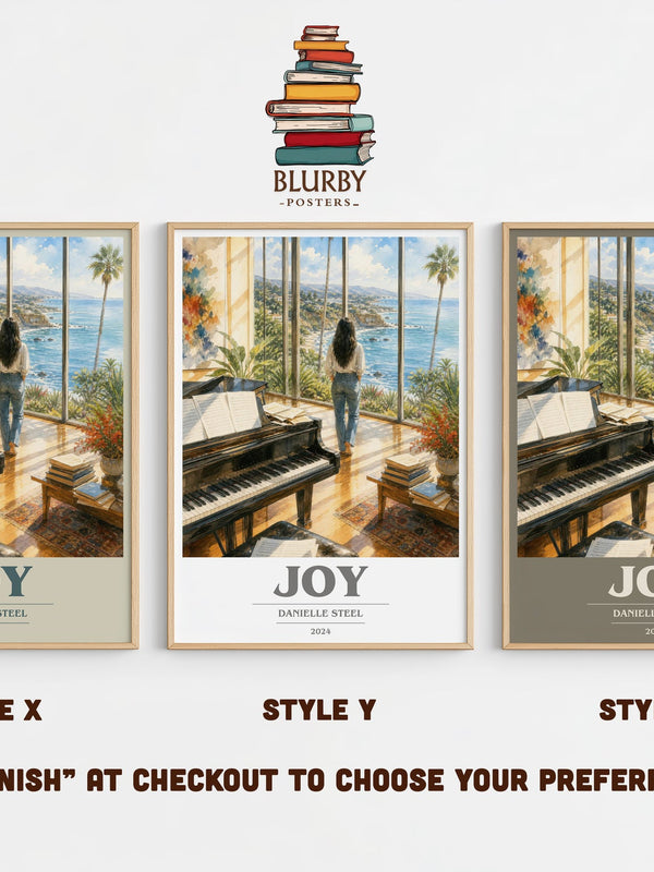 Joy book cover print in frame leaning in hallway – contemporary fiction wall art