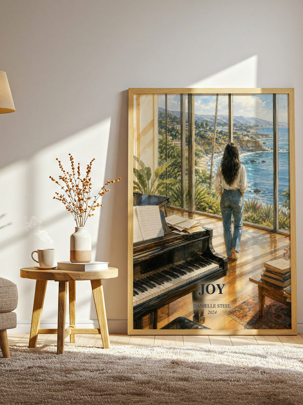 Joy watercolour print in frame leaning in hallway – contemporary fiction wall art