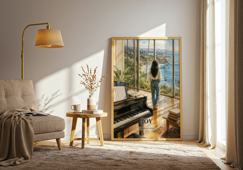Joy watercolour print in frame leaning in hallway – contemporary fiction wall art