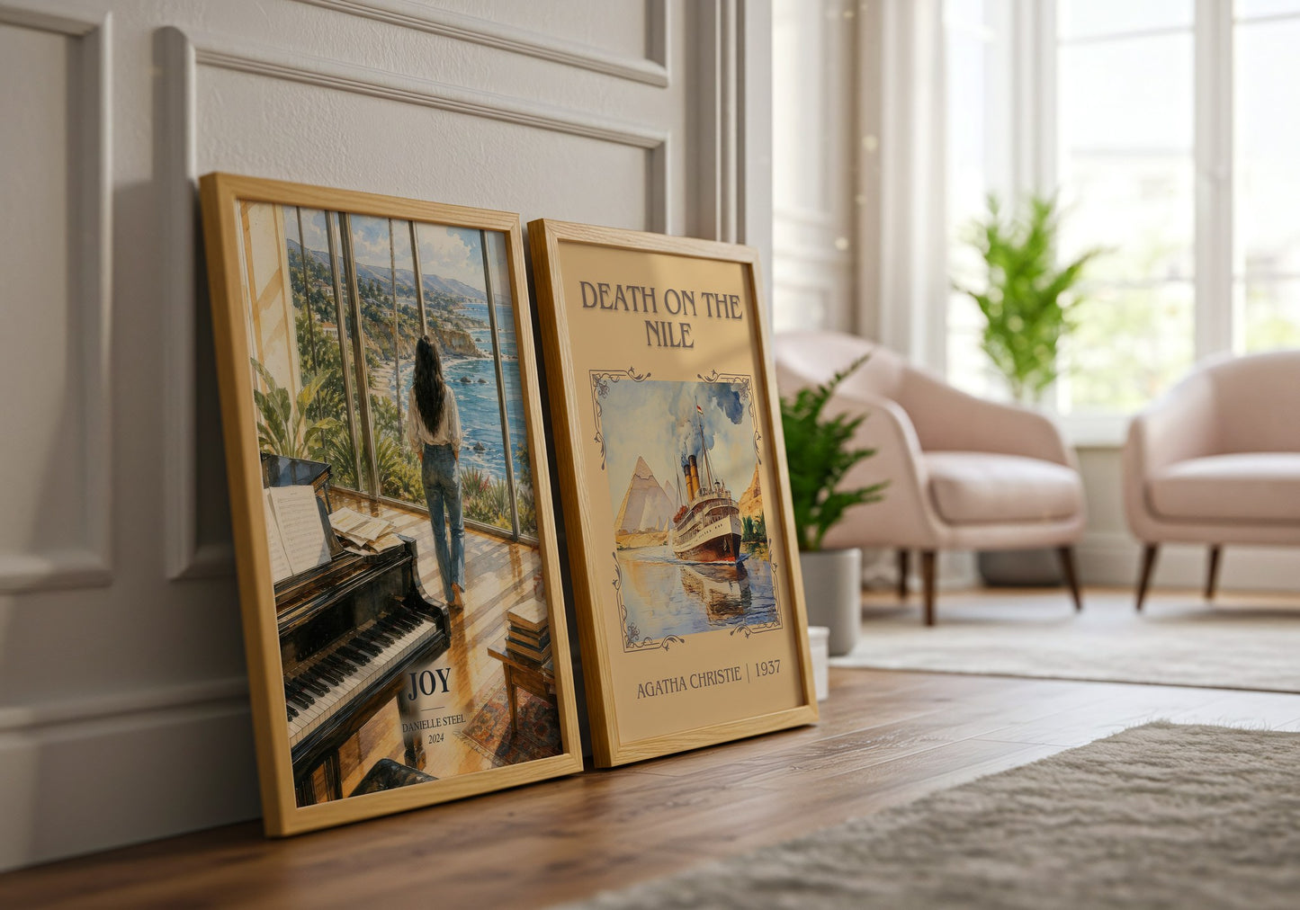 Joy watercolour print framed by window – literary home decor