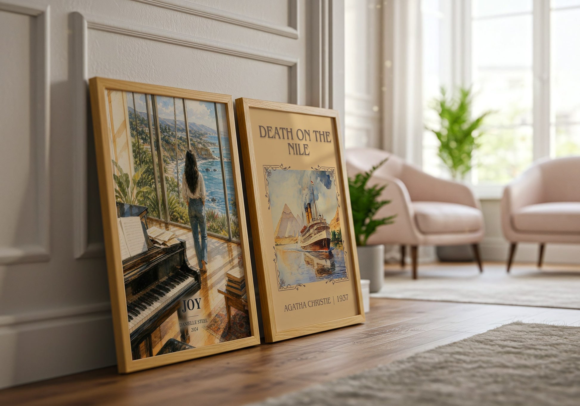 Joy watercolour print framed by window – literary home decor