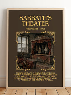 Sabbath's Theater Minimalist Book Poster by Philip Roth – framed print leaning on a wooden floor