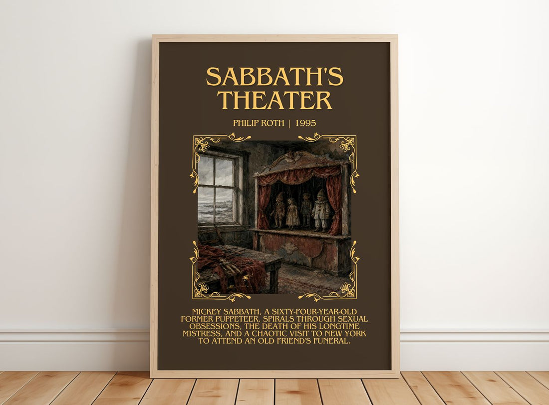 Sabbath's Theater Minimalist Book Poster by Philip Roth – framed print leaning on a wooden floor