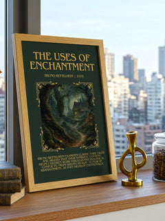 The Uses of Enchantment Minimalist Book Poster by Bruno Bettelheim – framed print on a city-view windowsill