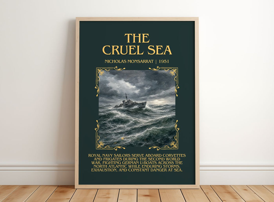 The Cruel Sea Minimalist Book Poster by Nicholas Monsarrat – framed print leaning on a wooden floor
