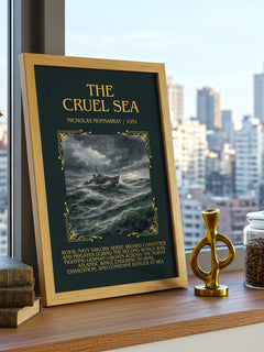 The Cruel Sea Minimalist Book Poster by Nicholas Monsarrat – framed print on a city-view windowsill