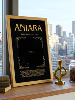 Aniara Minimalist Book Poster by Harry Martinson – framed print on a city-view windowsill