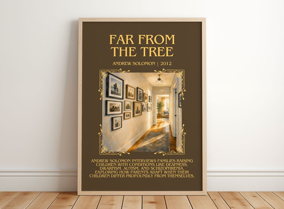 Far From the Tree Minimalist Book Poster by Andrew Solomon – framed print leaning on a wooden floor