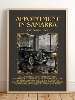 Appointment in Samarra Minimalist Book Poster by John O'Hara – framed print leaning on a wooden floor