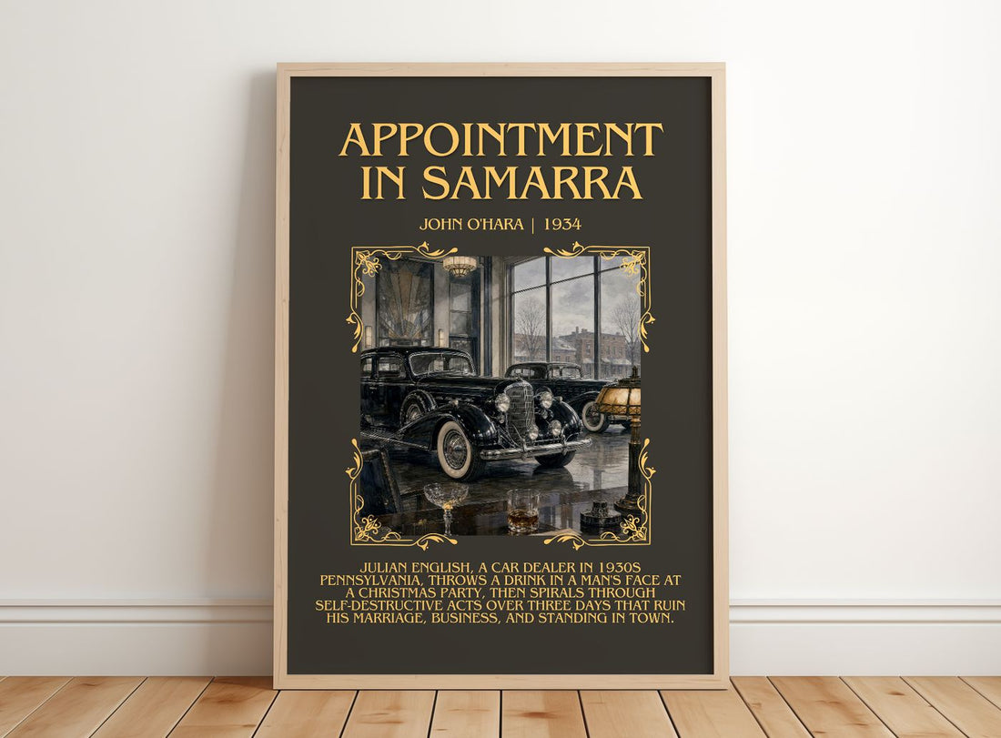 Appointment in Samarra Minimalist Book Poster by John O'Hara – framed print leaning on a wooden floor