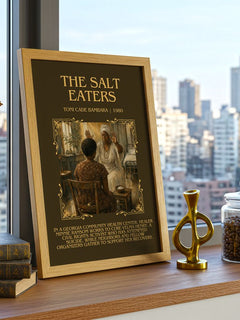 The Salt Eaters Minimalist Book Poster by Toni Cade Bambara – framed print on a city-view windowsill