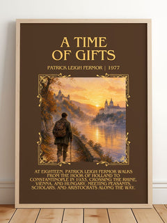 A Time Of Gifts Minimalist Book Poster by Patrick Leigh Fermor – framed print leaning on a wooden floor