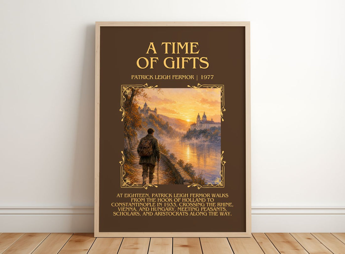 A Time Of Gifts Minimalist Book Poster by Patrick Leigh Fermor – framed print leaning on a wooden floor