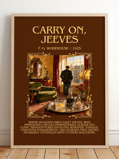 Carry On, Jeeves Minimalist Book Poster by P. G. Wodehouse – framed print leaning on a wooden floor