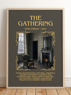 The Gathering Minimalist Book Poster by Anne Enright – framed print leaning on a wooden floor