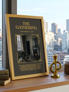 The Gathering Minimalist Book Poster by Anne Enright – framed print on a city-view windowsill