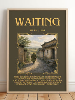Waiting Minimalist Book Poster by Ha Jin – framed print leaning on a wooden floor