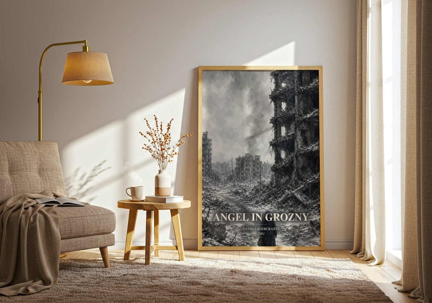 Angel In Grozny watercolour print in frame leaning in hallway – non fiction wall art
