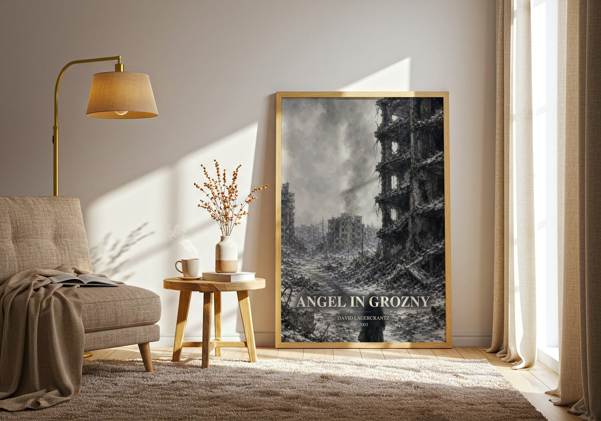 Angel In Grozny watercolour print in frame leaning in hallway – non fiction wall art