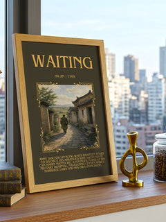 Waiting Minimalist Book Poster by Ha Jin – framed print on a city-view windowsill