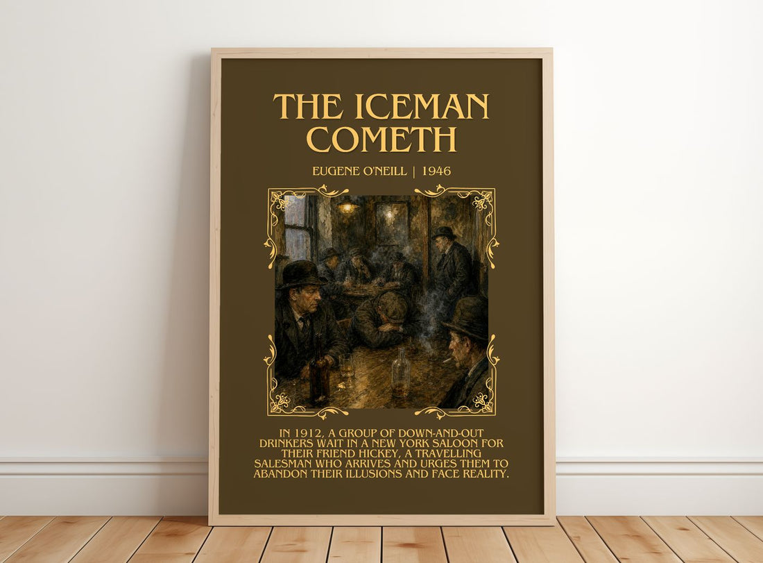 The Iceman Cometh Minimalist Book Poster by Eugene O'Neill – framed print leaning on a wooden floor