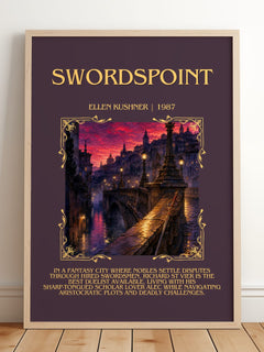 Swordspoint Minimalist Book Poster by Ellen Kushner – framed print leaning on a wooden floor