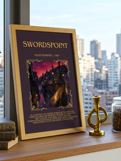 Swordspoint Minimalist Book Poster by Ellen Kushner – framed print on a city-view windowsill
