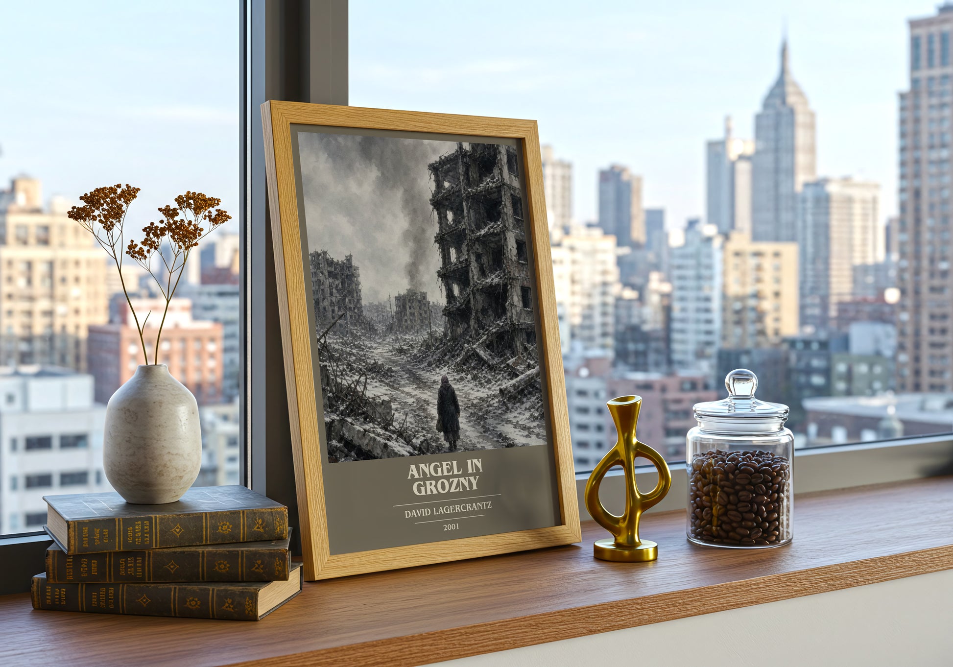 Angel In Grozny book cover print framed by window – literary home decor