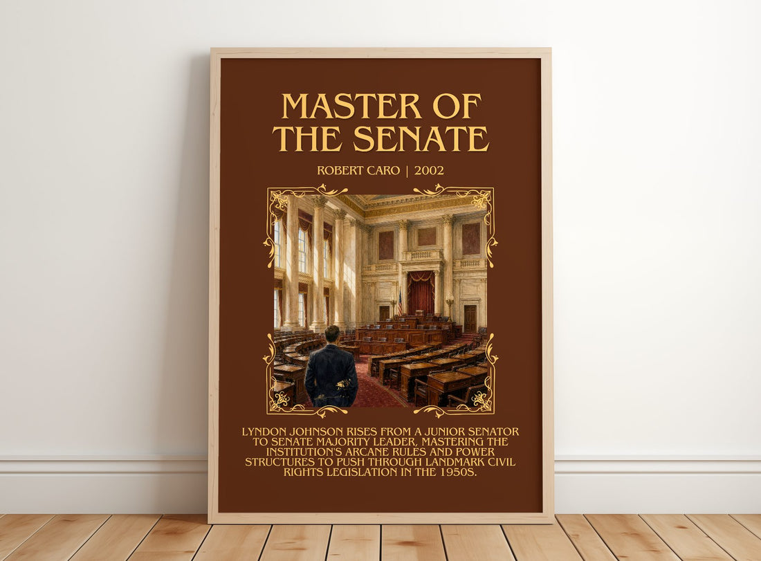 Master of the Senate Minimalist Book Poster by Robert Caro – framed print leaning on a wooden floor