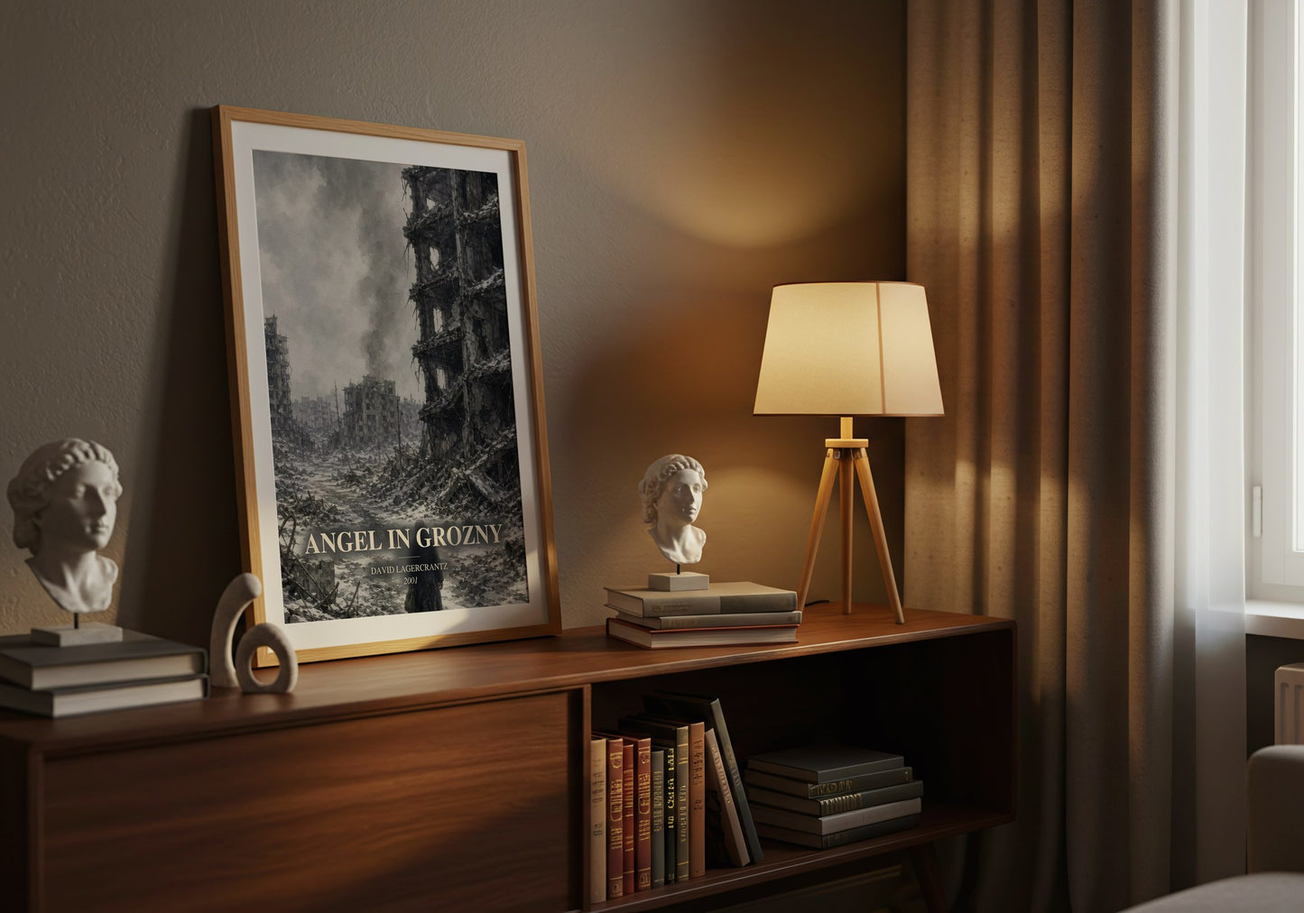 Angel In Grozny watercolour print on bookshelf – David Lagercrantz fan gift