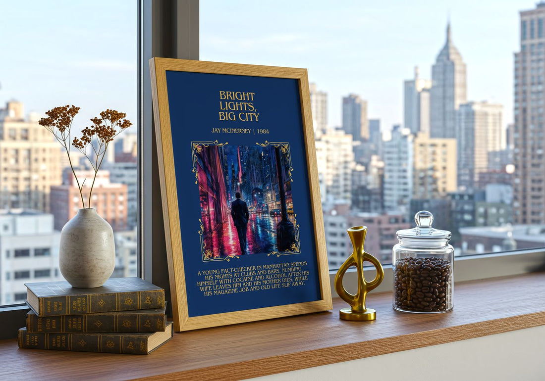 Bright Lights, Big City Minimalist Book Poster by Jay McInerney – framed print on a city-view windowsill