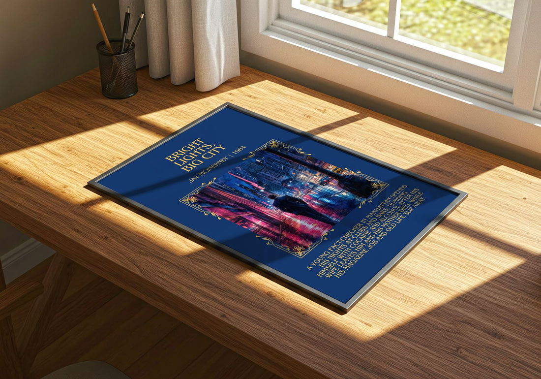 Bright Lights, Big City Minimalist Book Poster by Jay McInerney – print on a sunlit desk