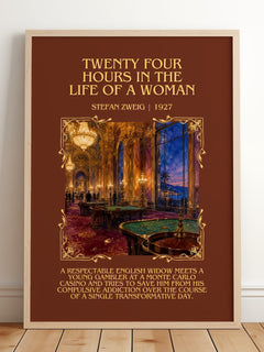 Twenty Four Hours In The Life Of A Woman Minimalist Book Poster by Stefan Zweig – framed print leaning on a wooden floor