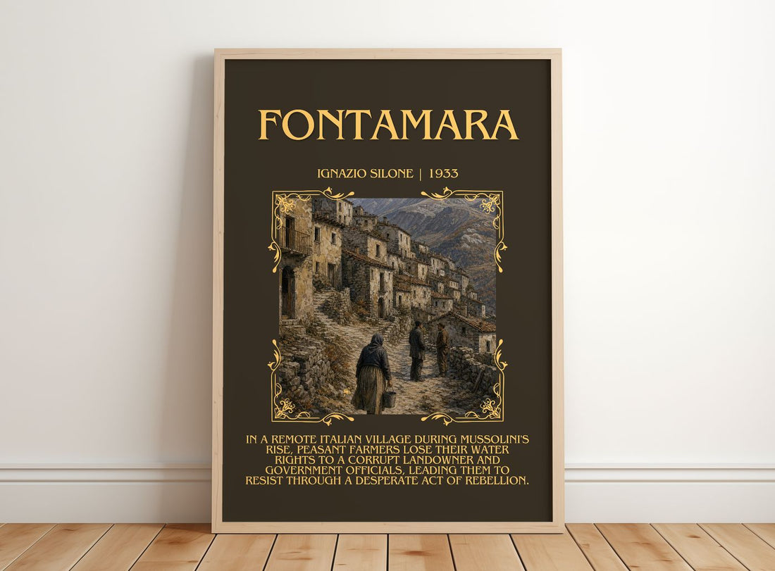 Fontamara Minimalist Book Poster by Ignazio Silone – framed print leaning on a wooden floor