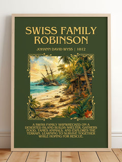 Swiss Family Robinson Minimalist Book Poster by Johann David Wyss – framed print leaning on a wooden floor