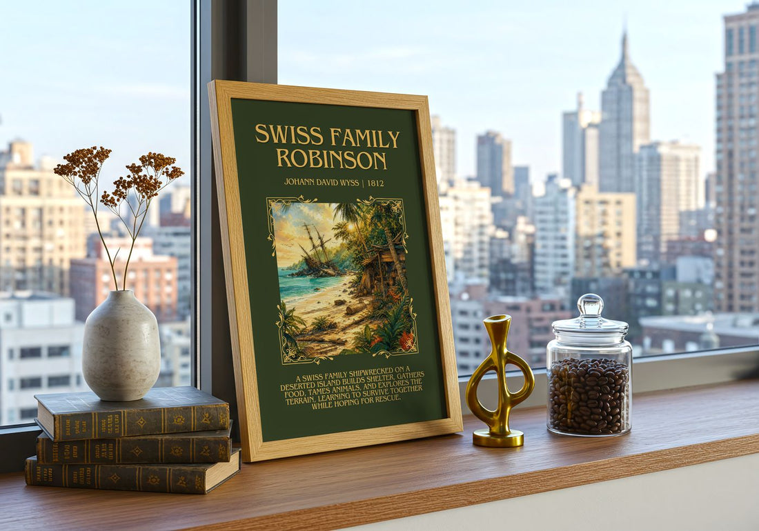 Swiss Family Robinson Minimalist Book Poster by Johann David Wyss – framed print on a city-view windowsill