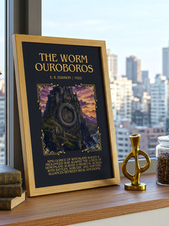 The Worm Ouroboros Minimalist Book Poster by E. R. Eddison – framed print on a city-view windowsill