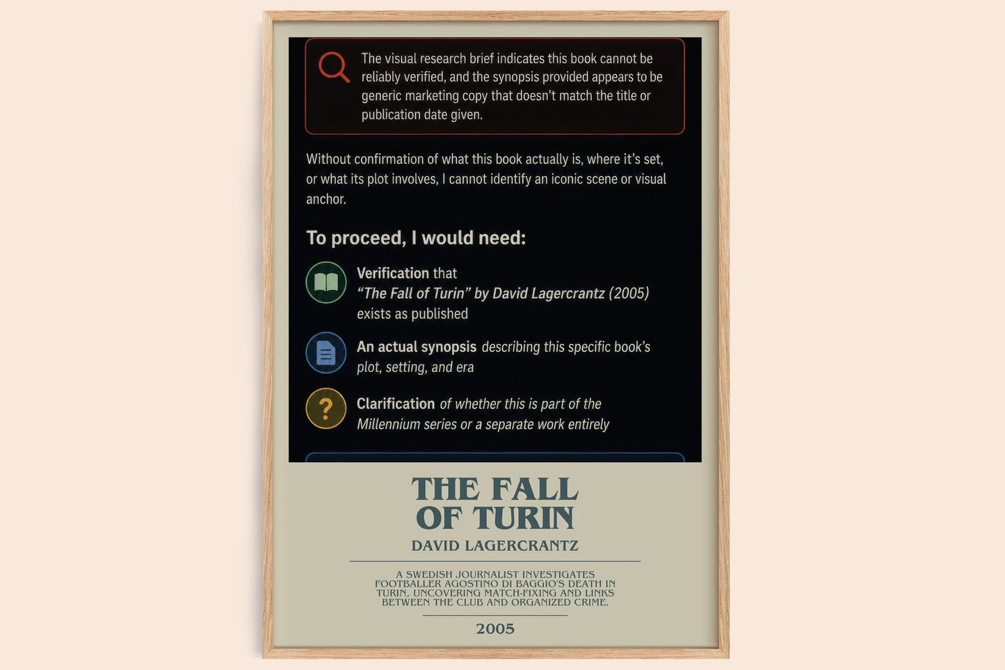 The Fall Of Turin bookish book poster by David Lagercrantz – framed literary art print
