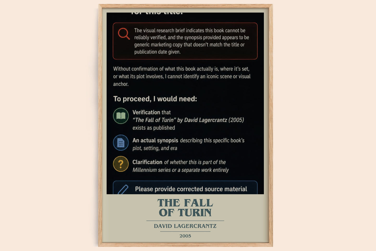 The Fall Of Turin book cover book poster by David Lagercrantz – framed literary art print