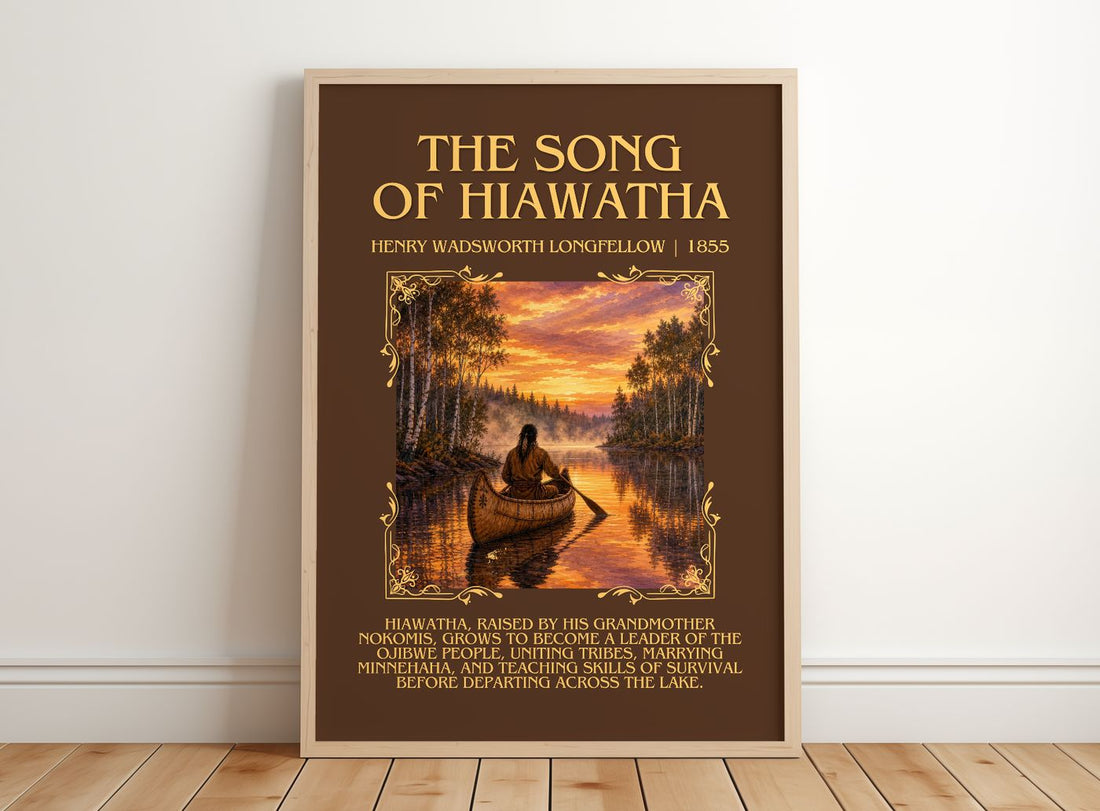 Song of Hiawatha Minimalist Book Poster by Henry Wadsworth Longfellow – framed print leaning on a wooden floor