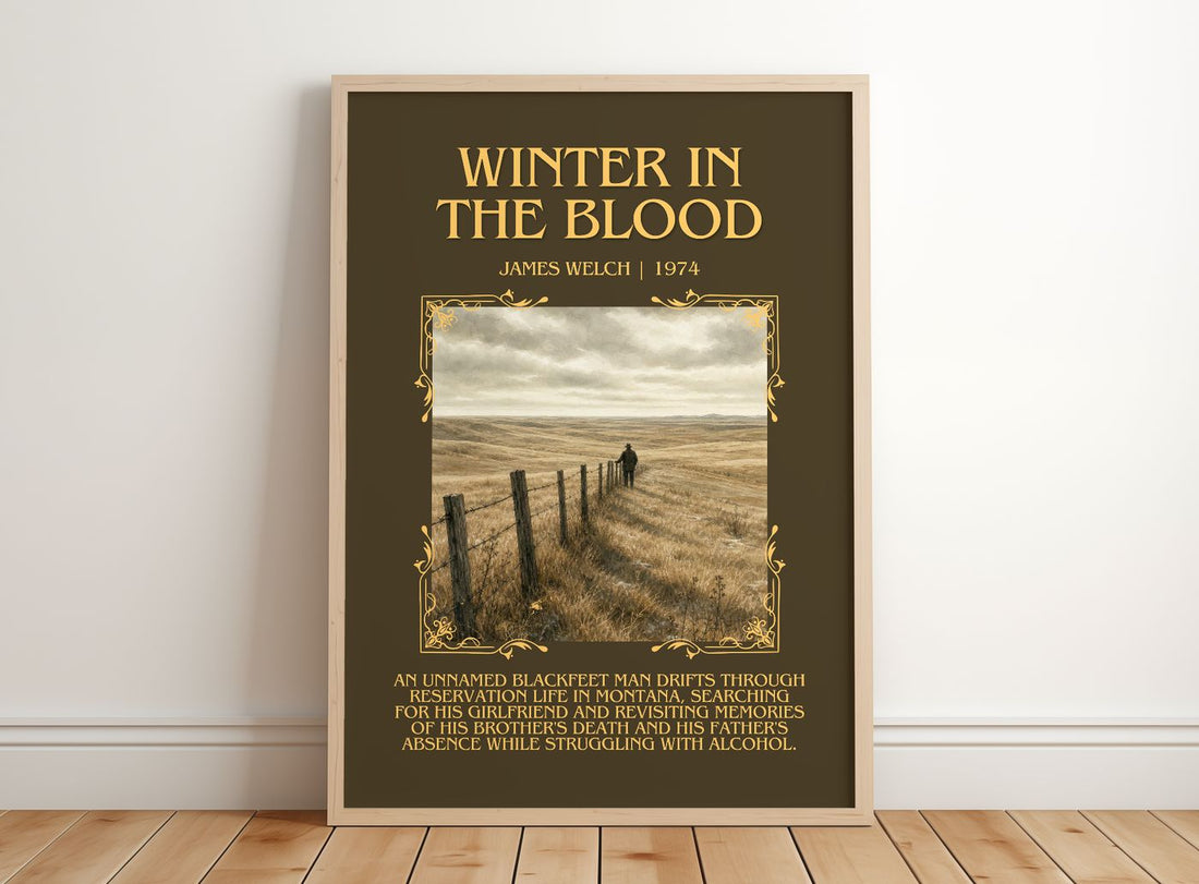 Winter In The Blood Minimalist Book Poster by James Welch – framed print leaning on a wooden floor