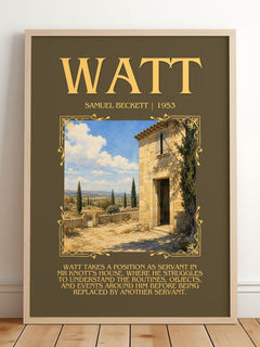 Watt Minimalist Book Poster by Samuel Beckett – framed print leaning on a wooden floor