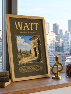 Watt Minimalist Book Poster by Samuel Beckett – framed print on a city-view windowsill