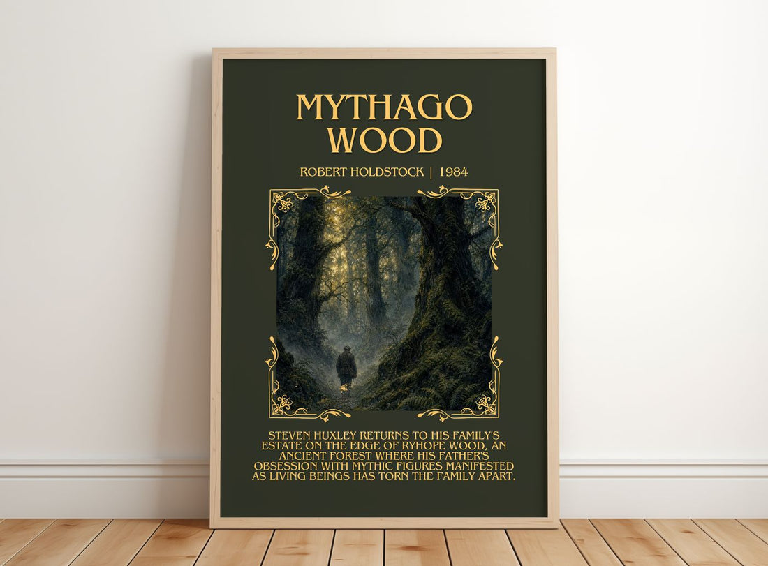 Mythago Wood Minimalist Book Poster by Robert Holdstock – framed print leaning on a wooden floor