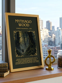 Mythago Wood Minimalist Book Poster by Robert Holdstock – framed print on a city-view windowsill