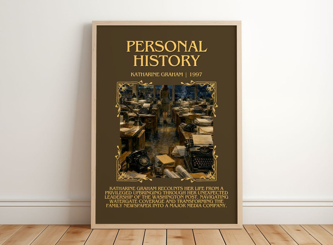 Personal History Minimalist Book Poster by Katharine Graham – framed print leaning on a wooden floor