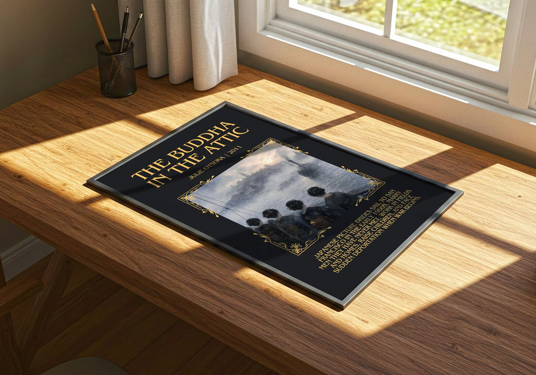 The Buddha in the Attic Minimalist Book Poster by Julie Otsuka – print on a sunlit desk