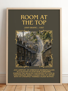Room At The Top Minimalist Book Poster by John Braine – framed print leaning on a wooden floor